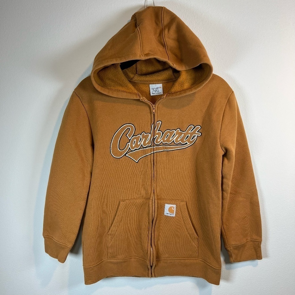Carhartt Full Zip Hoodie Sweatshirt Brown Spell Out Logo Pocket Fall Youth 10/12